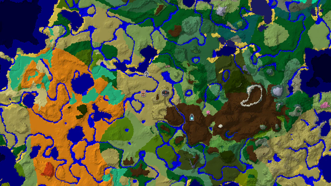A 2D top-down biome map centered on the spawn point, showing Savanna, River, and Plains biomes, with markers for a nearby village and a more distant ancient city.