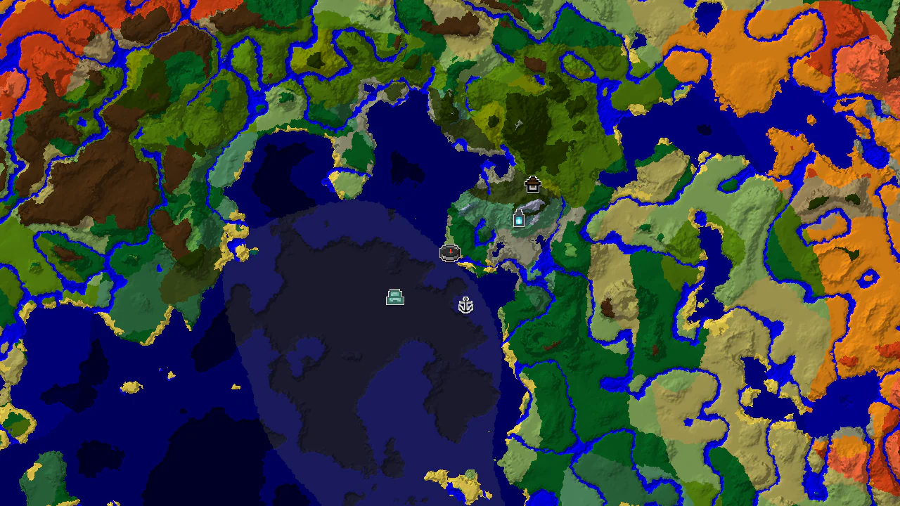 A 2D map of the Minecraft seed showing various biomes, with the spawn point marked on a beach, and markers for an Ancient City and a Shipwreck.