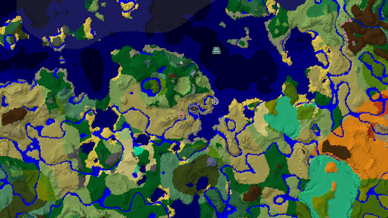 A 2D biome map centered on spawn, showing savanna, river, and ocean biomes, with markers for a village and a shipwreck.