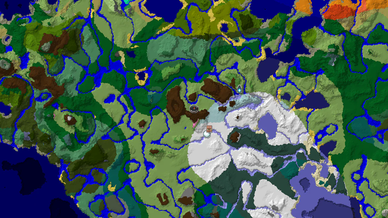 A top-down 2D biome map centered on spawn, showing plains, river, and snowy biomes, with markers for a village and an ancient city.