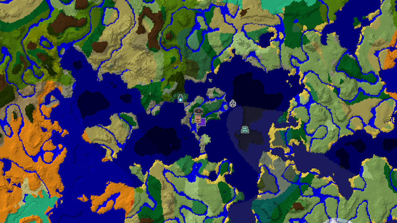 A top-down 2D biome map centered on the spawn point, with markers for nearby structures including a village and an ancient city.