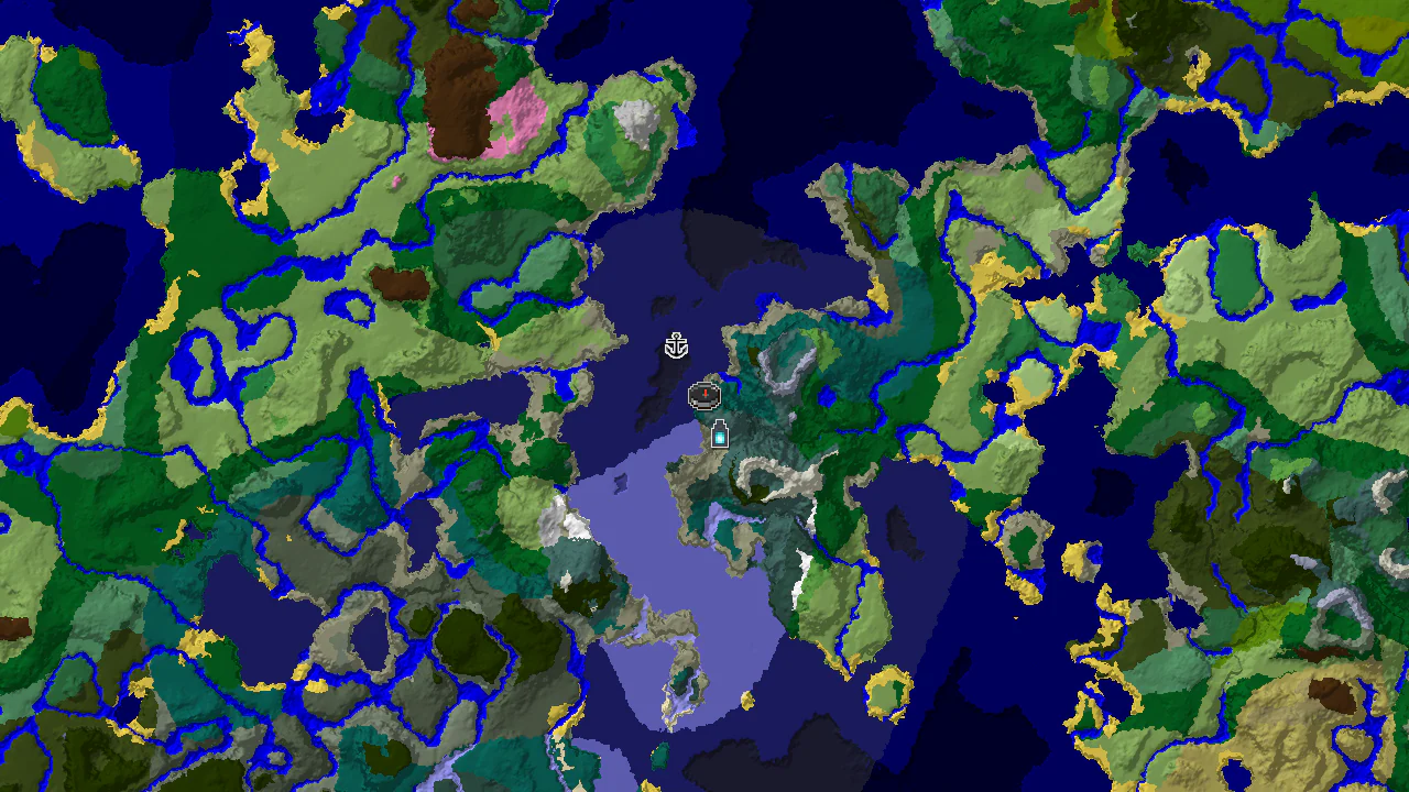 A 2D biome map centered on spawn, showing a taiga biome at the center, surrounded by cold ocean, stony shore, and river biomes, with markers for an Ancient City and a Shipwreck.