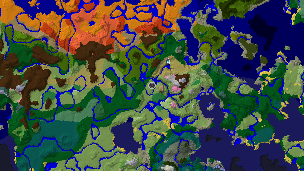 A 2D biome map centered on the spawn point, showing Plains, River, and Forest biomes, with markers for a nearby village and a more distant ancient city.