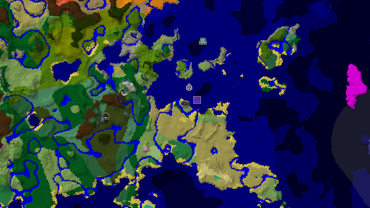 A 2D top-down biome map centered on spawn, showing various biomes and markers for nearby structures.