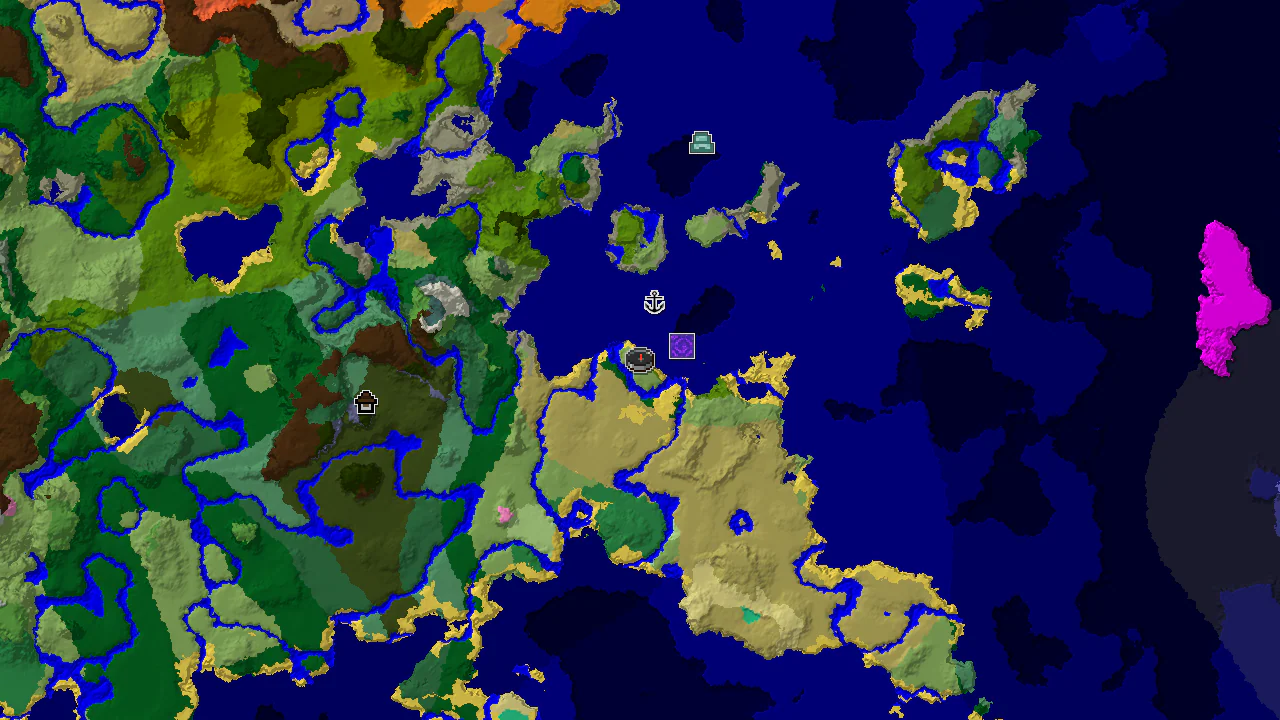 A 2D top-down biome map centered on spawn, showing various biomes and markers for nearby structures.
