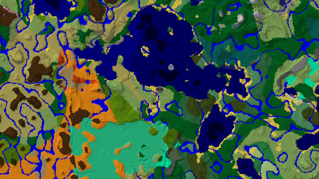 A top-down 2D biome map centered on the spawn point, with a spawn marker in a Plains biome, and a shipwreck marker to the northeast.