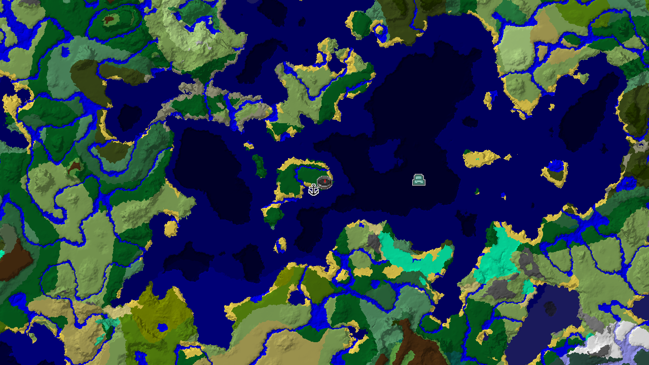 A 2D biome map centered on spawn, showing forest, ocean, and beach areas, with markers for a shipwreck and an ocean monument.