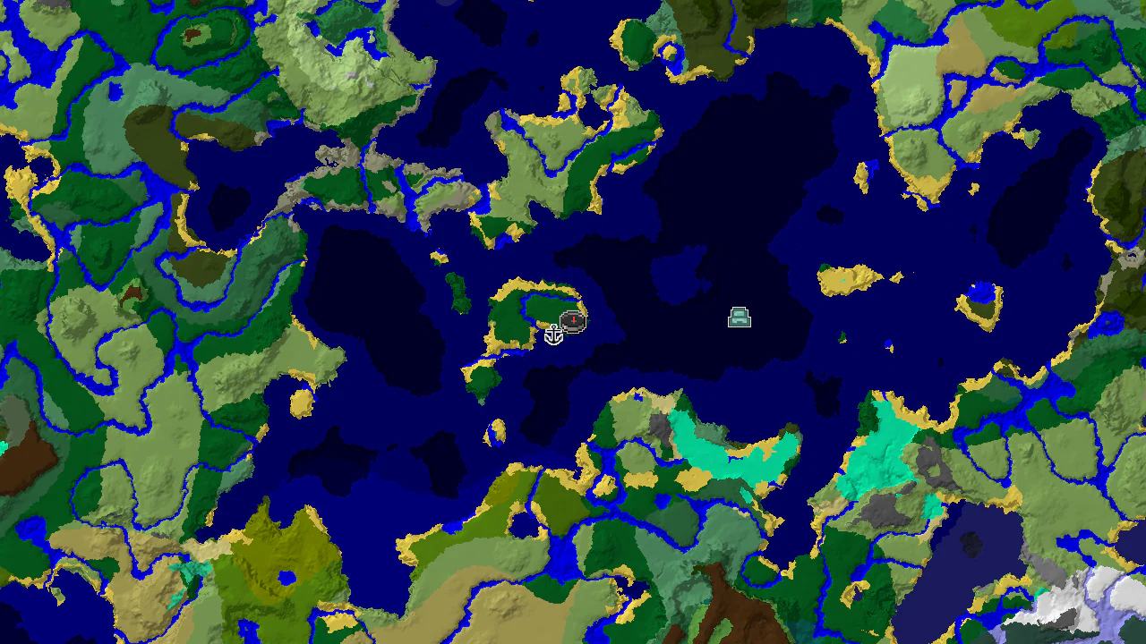 A 2D biome map centered on spawn, showing forest, ocean, and beach areas, with markers for a shipwreck and an ocean monument.