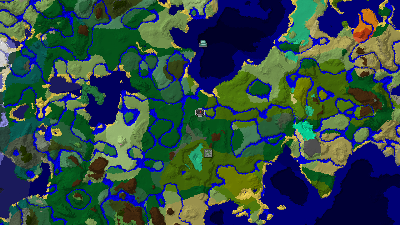 A top-down 2D biome map centered on spawn, showing forest, river, and various jungle biomes, with markers for a Jungle Temple and an Ocean Monument.