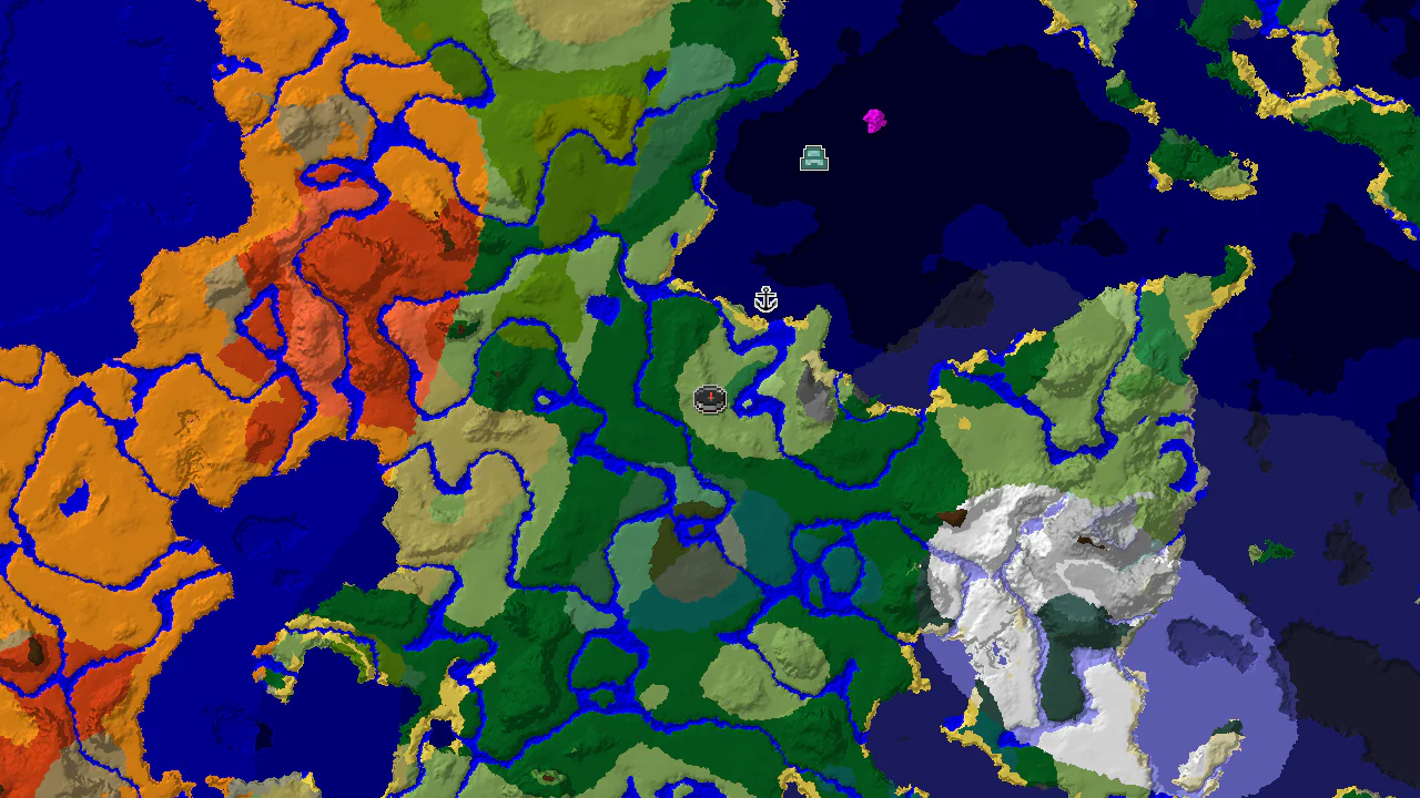 A 2D biome map centered on spawn, showing plains, forests, and an ocean with a shipwreck.