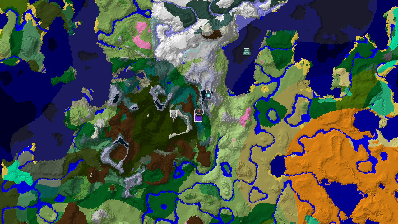 A top-down 2D biome map centered on spawn, showing a nearby ruined portal and an ancient city.