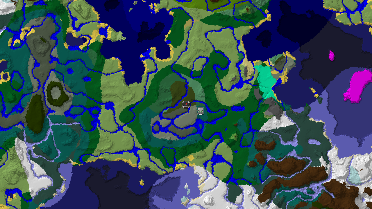 A 2D biome map centered on the spawn point, showing a Dark Forest biome at spawn and a Pillager Outpost marker to the southeast.