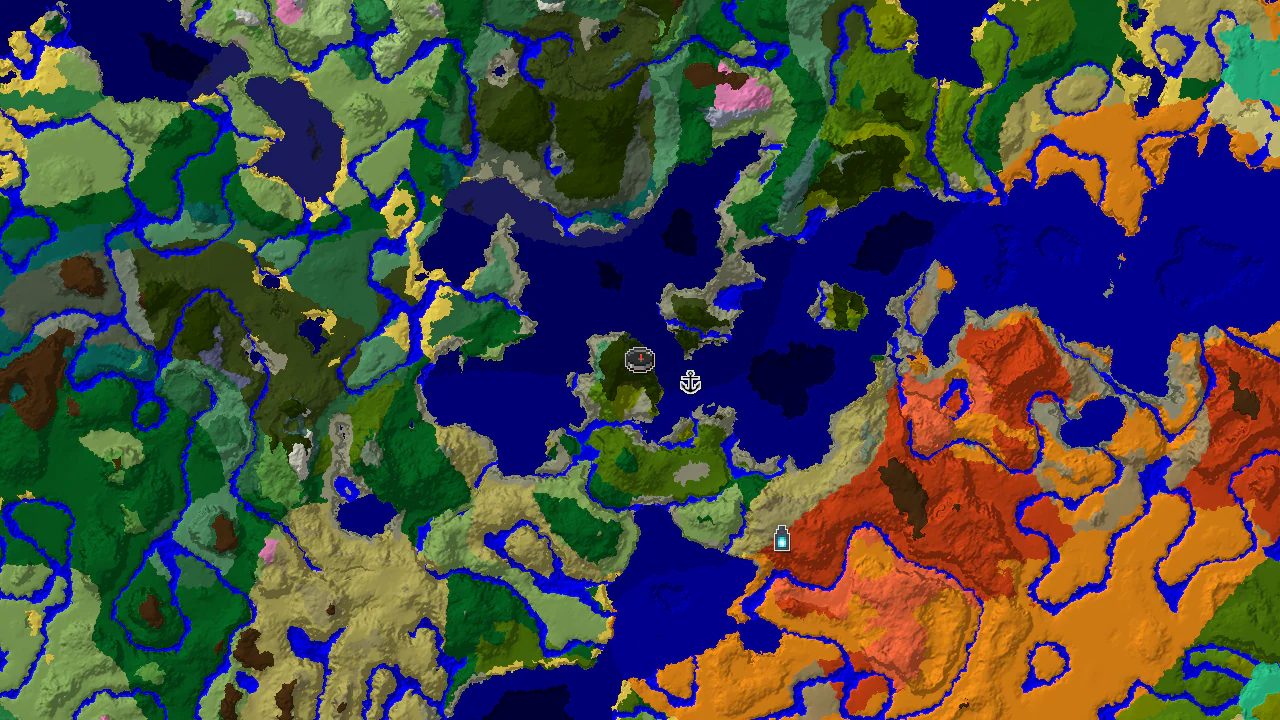 A top-down 2D biome map centered on spawn, showing Dark Forest, Ocean, and various jungle biomes, with markers for spawn and structures.