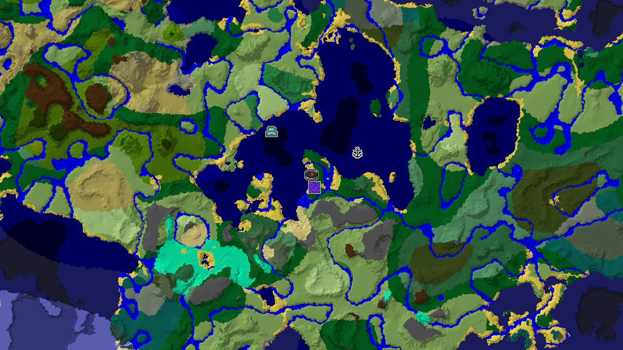 A 2D top-down biome map centered on spawn, showing a beach spawn with nearby forest and ocean, and markers for a ruined portal and an ocean monument.