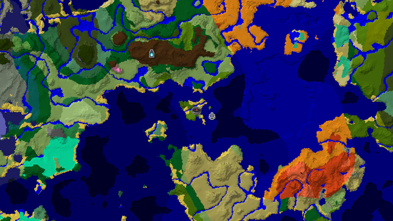 A top-down 2D biome map centered on spawn, showing Sparse Jungle, River, and Lukewarm Ocean biomes nearby, with markers for a shipwreck and ancient city.
