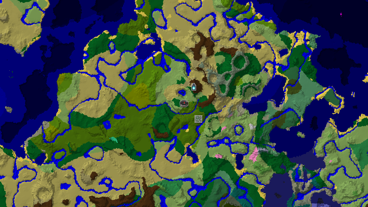 A top-down 2D biome map centered on spawn, showing forest, plains, and jungle biomes, with markers for an Ancient City and Jungle Temple.