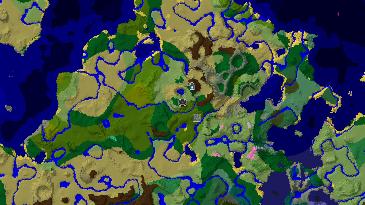 A top-down 2D biome map centered on spawn, showing forest, plains, and jungle biomes, with markers for an Ancient City and Jungle Temple.
