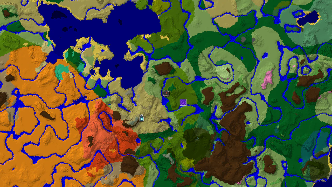 A 2D biome map centered on spawn, showing jungle, forest, and river biomes, with markers for a Ruined Portal and an Ancient City.