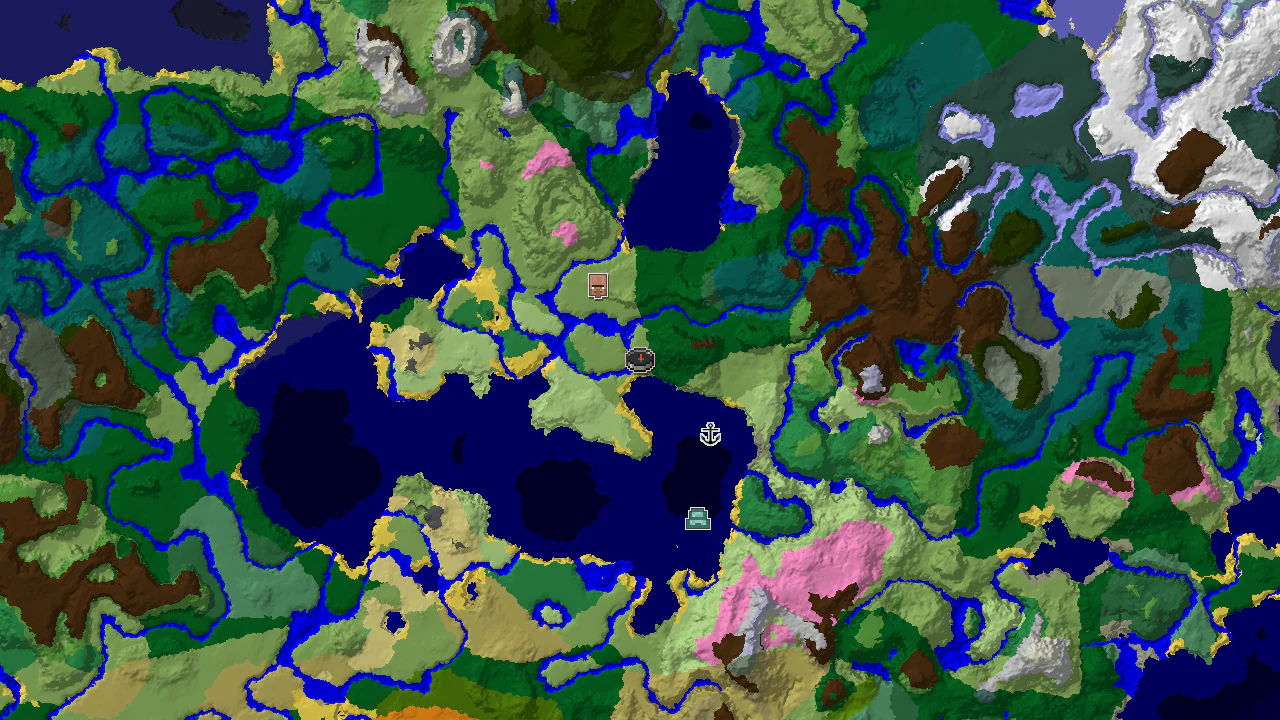 A top-down 2D biome map centered on spawn, showing a Plains spawn marker, a nearby Village, Shipwreck, and an Ocean Monument.