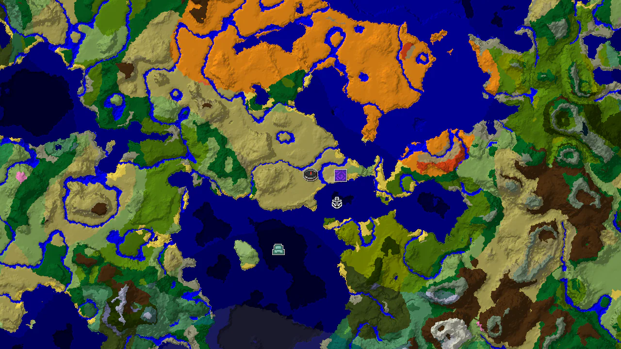 A top-down 2D biome map centered on the spawn point, marked with a red square, showing nearby biomes and structure locations.