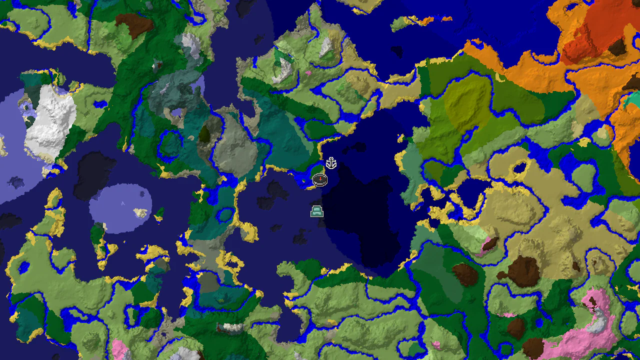 A top-down 2D biome map centered on the spawn point, showing a plains biome, surrounding oceans, and nearby structure markers for a shipwreck and an ocean monument.