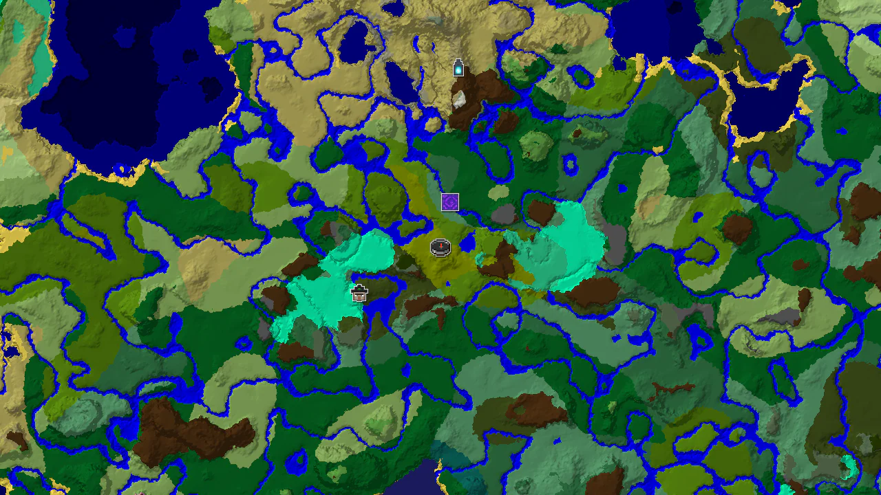 A top-down 2D biome map centered on the spawn point, marked, with nearby structures also indicated.
