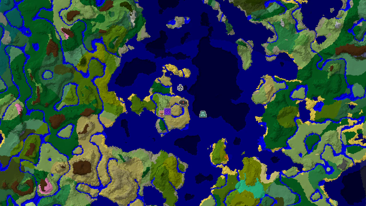 A top-down 2D biome map centered on spawn, showing a diverse ocean and savanna landscape with markers for structures.
