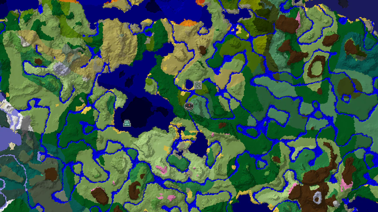 A 2D top-down biome map centered on spawn, showing a jungle temple to the southeast.
