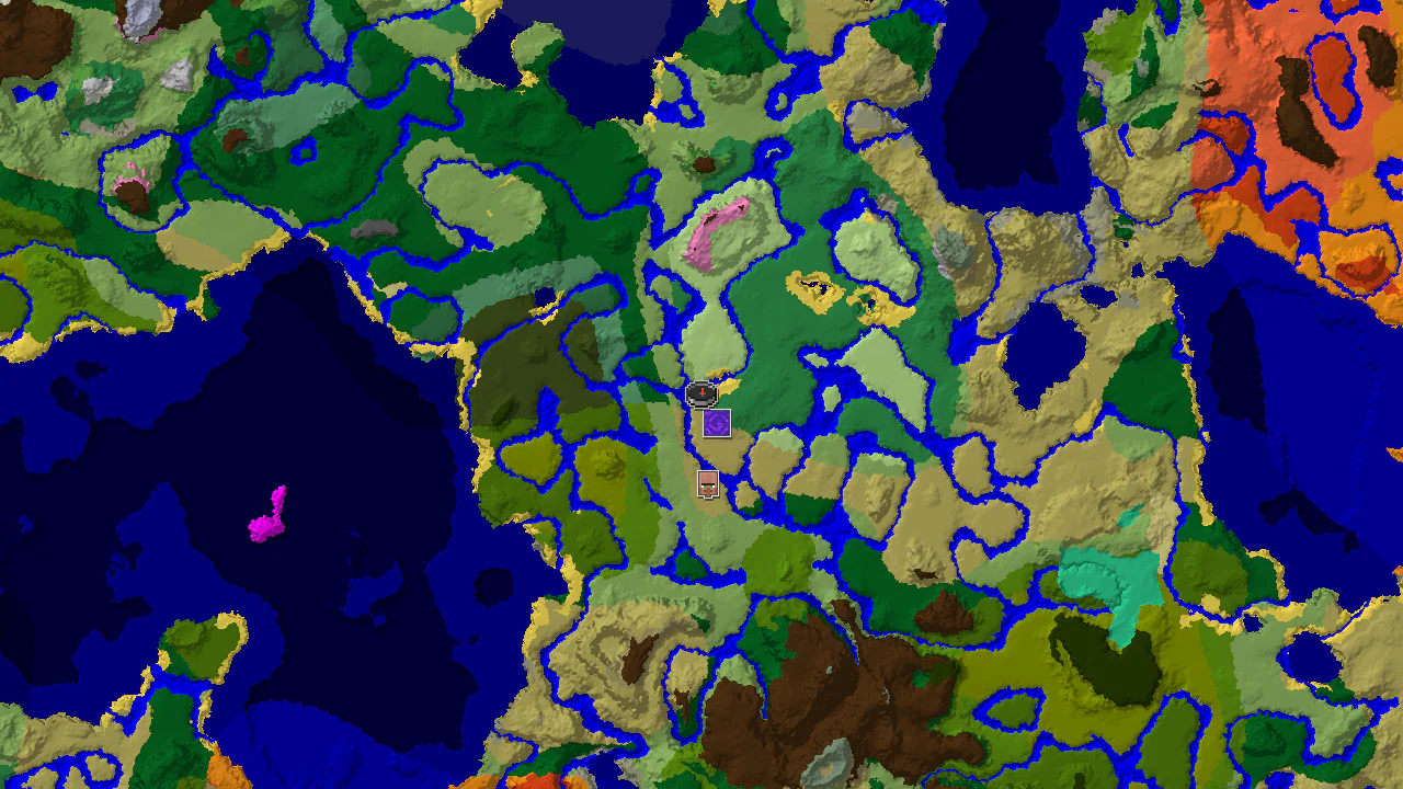 A 2D biome map centered on the Flower Forest spawn, showing nearby Plains, River, and Savanna biomes, with markers for a Ruined Portal and Village.