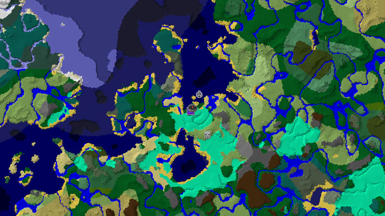 A top-down 2D biome map centered on spawn, showing a spawn marker and nearby structure markers for a ruined portal and shipwreck.