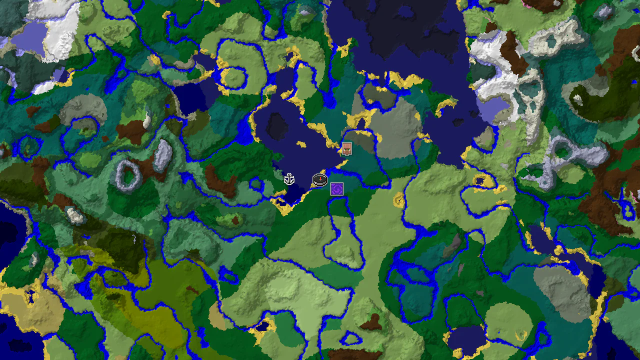 A 2D biome map centered on spawn, showing taiga, ocean, and plains biomes with markers for a ruined portal and shipwreck.