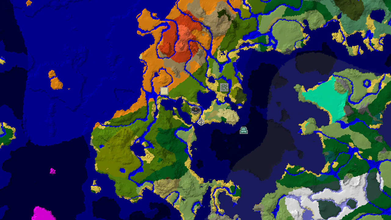 A 2D biome map centered on spawn, showing jungle, ocean, and various structure markers.