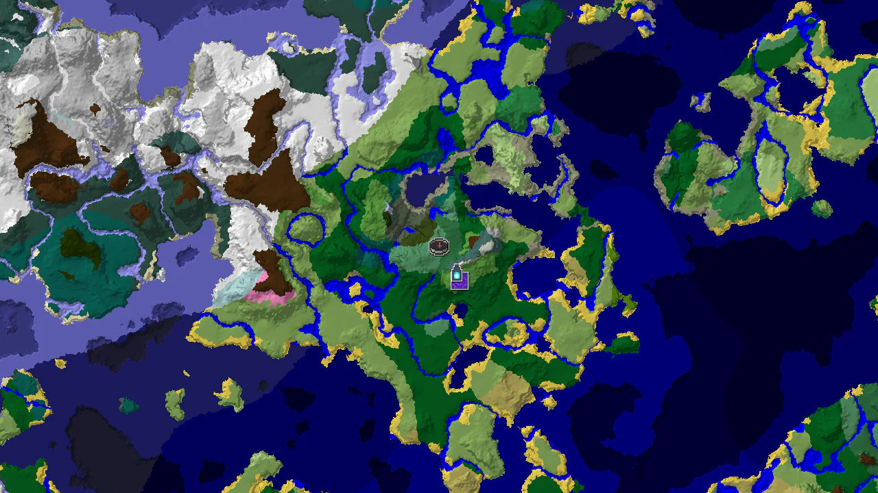 A 2D top-down biome map centered on spawn, showing nearby Old Growth Birch Forest and markers for an Ancient City and Ruined Portal.
