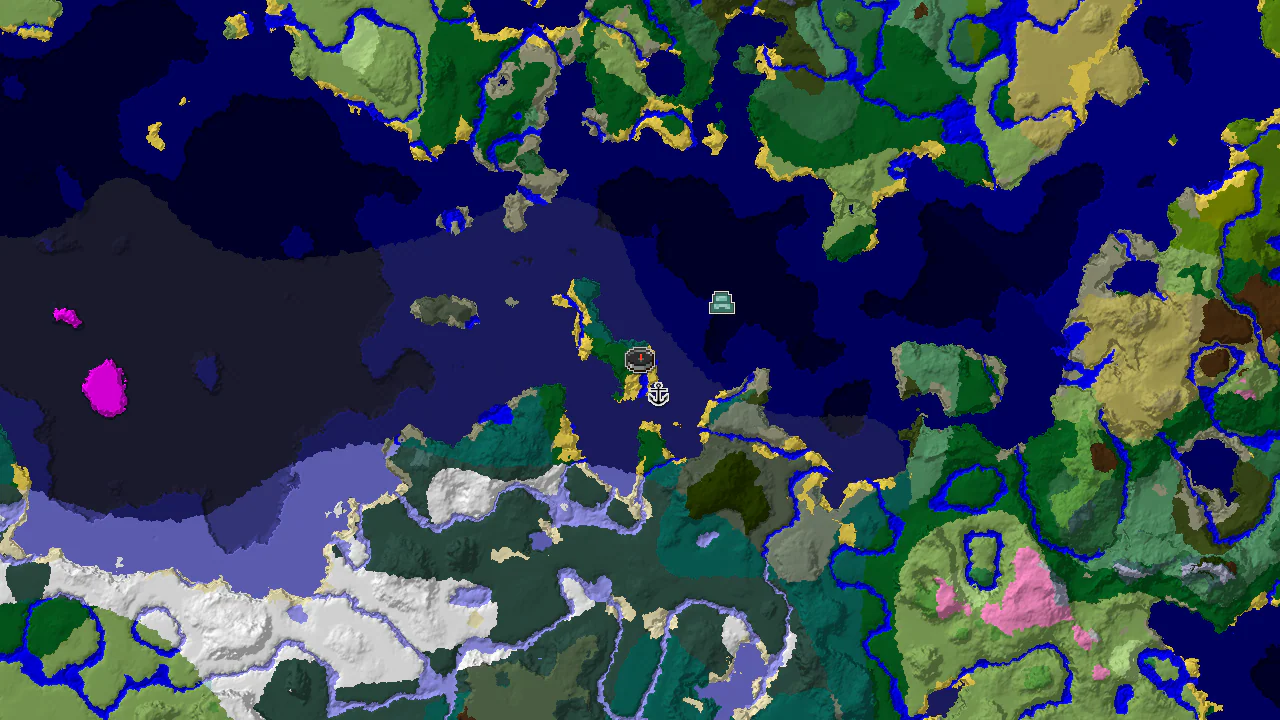 A top-down 2D biome map centered on the spawn point, showing Forest, Cold Ocean, and Taiga biomes, with markers for a shipwreck and an ocean monument.