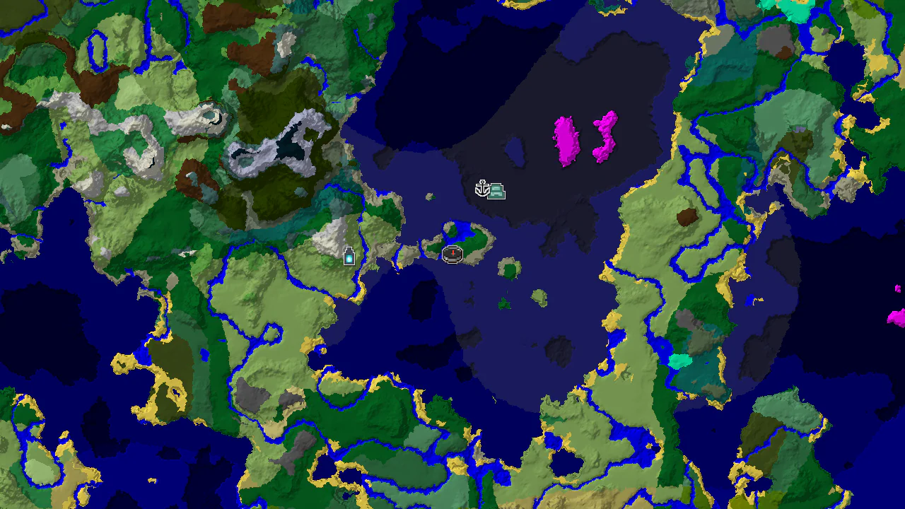 A 2D biome map centered on the spawn point, marked in Forest, with markers for a Shipwreck, Ocean Monument, and Ancient City.