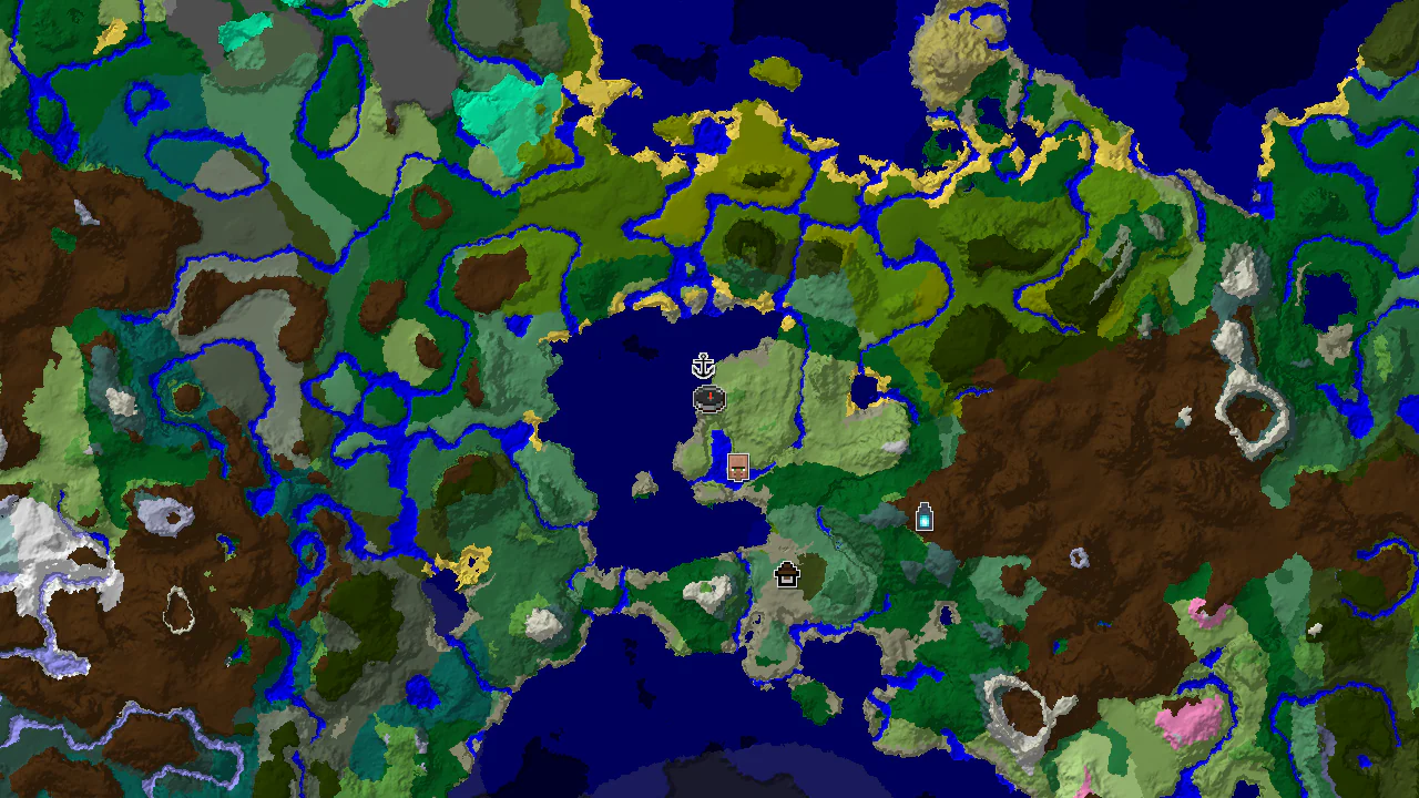 A top-down 2D biome map centered on spawn, showing various biomes and markers for structures like a village, shipwreck, and Woodland Mansion.