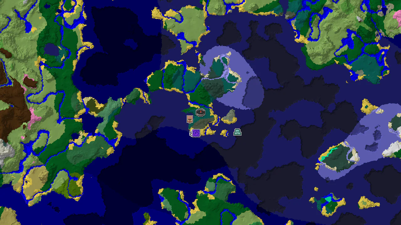 A 2D map centered on spawn in a Taiga biome, showing nearby cold oceans, a village, and a ruined portal.