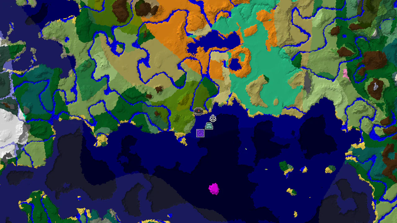 A top-down 2D biome map centered on spawn, showing a Beach with nearby Jungles and various ocean biomes, marked with structure locations.