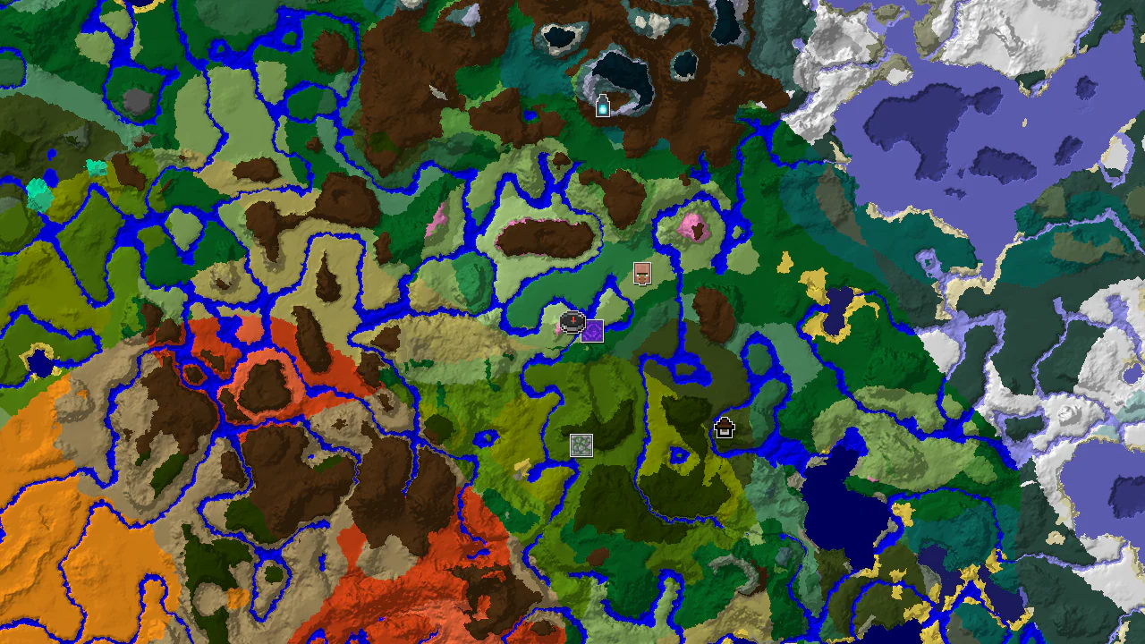 A 2D biome map centered on spawn, showing a Cherry Grove nearby and markers for a Ruined Portal and Village.