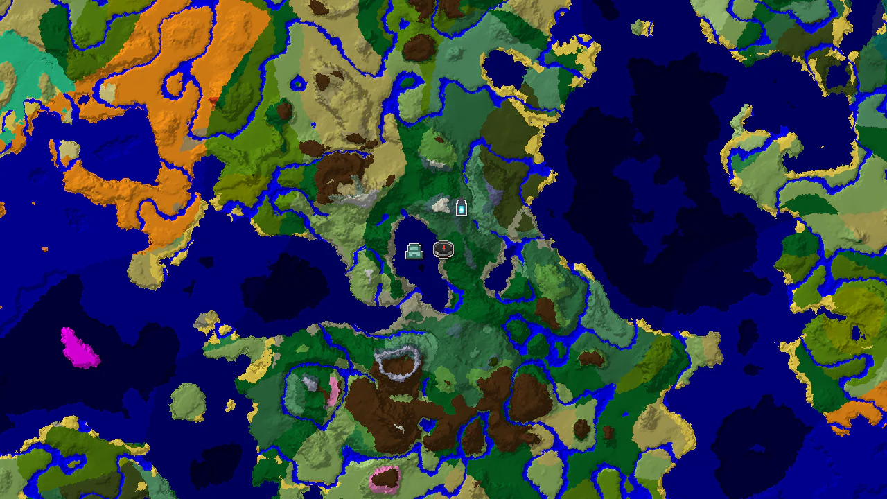 A top-down 2D biome map centered on spawn, showing forest and ocean biomes near the starting point, with markers for an Ocean Monument and an Ancient City.