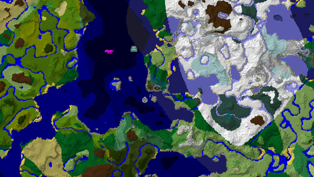 A top-down 2D biome map centered on spawn, showing Old Growth Spruce Taiga, Taiga, Cold Ocean, and Dark Forest biomes, with markers for a shipwreck and an ocean monument.