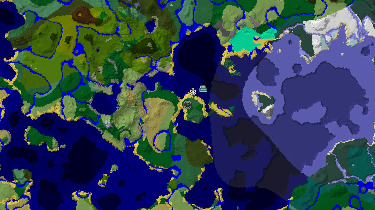 A 2D top-down biome map centered on spawn, showing forest, ocean, and beach biomes, with markers for a shipwreck and an ocean monument.