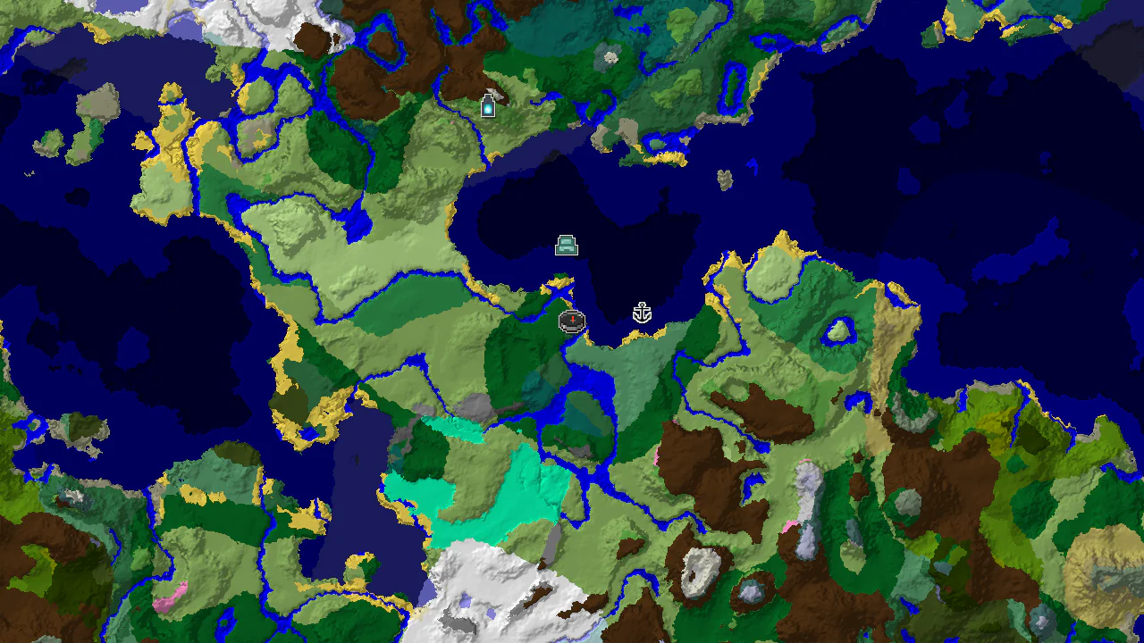A 2D top-down biome map centered on spawn, showing Birch Forest, Ocean, and Forest biomes, with markers for a Shipwreck and an Ocean Monument.