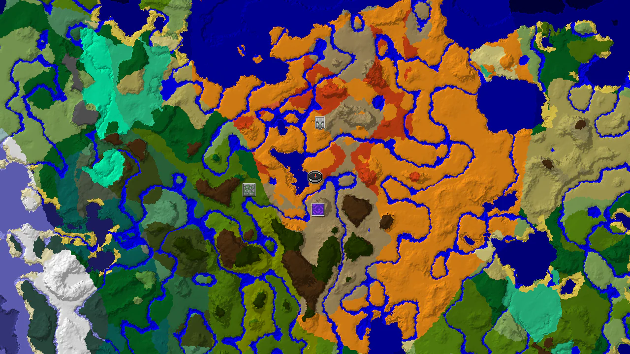 A 2D top-down biome map centered on spawn, showing desert, badlands, and jungle biomes with structure markers.