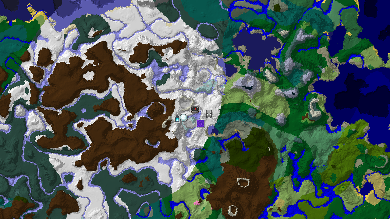 A 2D top-down biome map centered on the spawn point, showing snowy biomes and markers for nearby structures.