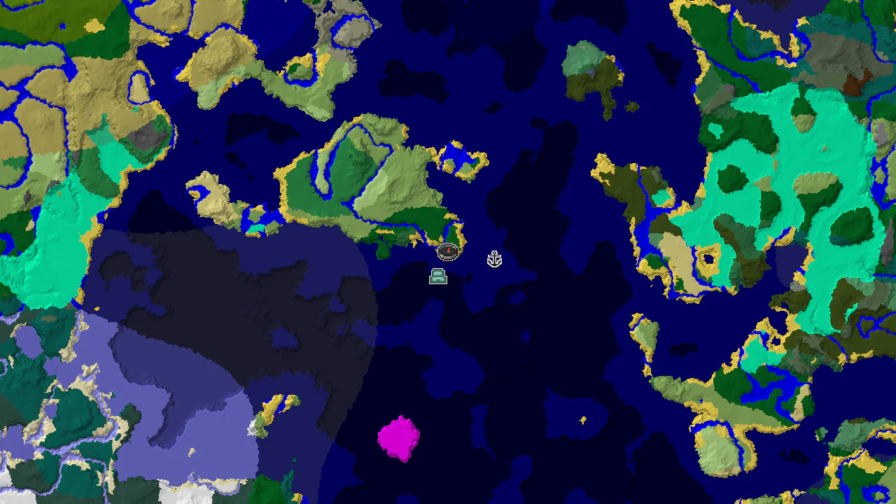 A 2D biome map centered on spawn, showing an Ocean Monument to the south-southeast and a Shipwreck to the east.