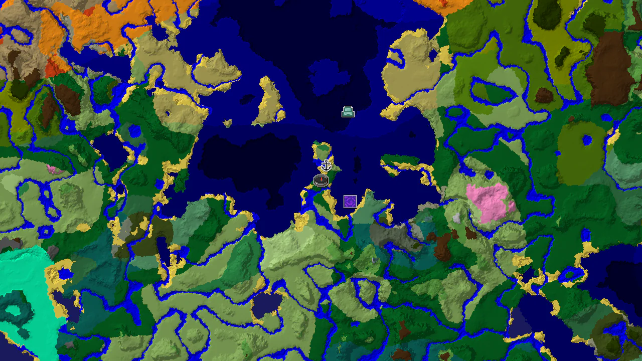 A 2D top-down map of a Minecraft seed, centered on the spawn point, showing various biomes and markers for structures.
