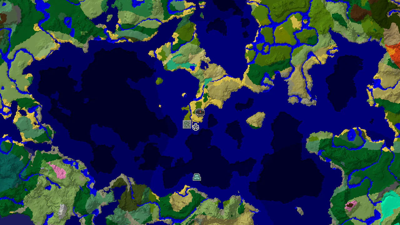 A 2D biome map centered on the spawn point, showing lush jungles, oceans, and markers for nearby structures.
