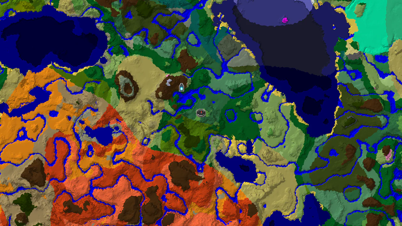 A 2D top-down biome map centered on spawn, showing a Birch Forest at the center, with markers for nearby structures.