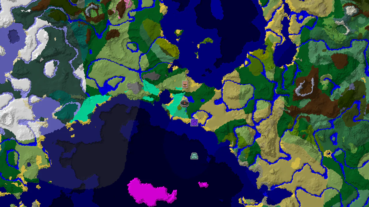 A top-down 2D biome map centered on the spawn point, featuring a spawn marker and markers for a nearby village and ruined portal.